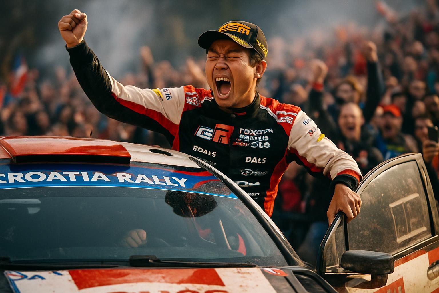 katsuta célèbre sa victoire avec joie, tout en exprimant une pensée émue pour neuville : « je souffre pour lui ».