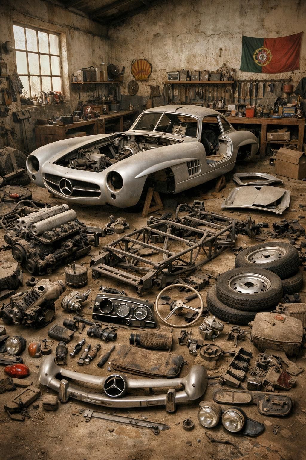 découvrez la sortie de grange exceptionnelle d'une mercedes 300 sl gullwing au portugal, restaurée de ses pièces détachées à une beauté spectaculaire.