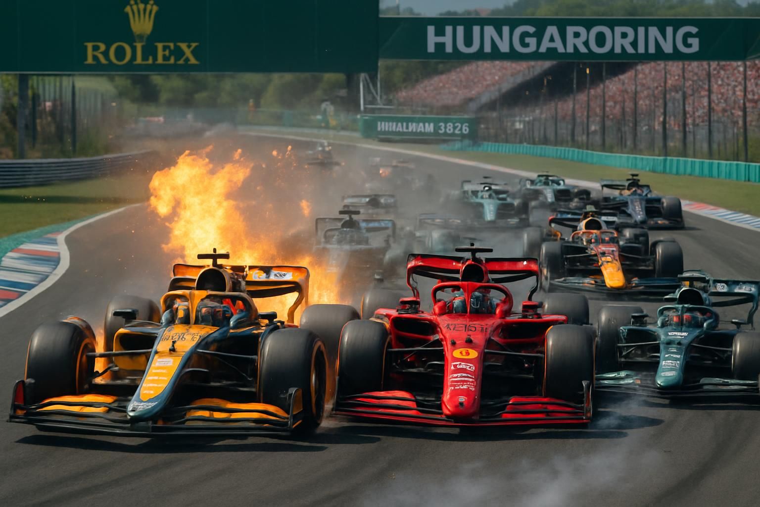 revivez le départ spectaculaire du grand prix de hongrie 2026 avec piastri en tête et leclerc qui perd trois positions. découvrez la vidéo intense de cette course palpitante !