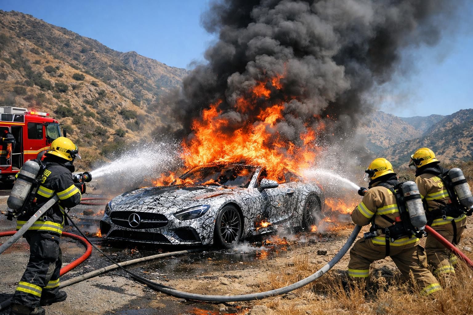 Incendie incontrôlable : un prototype de Mercedes SL consumé par les flammes, personne n’a pu l’éteindre un prototype de mercedes sl a été totalement consumé par un incendie incontrôlable. malgré les efforts, personne n'a réussi à éteindre les flammes, laissant le véhicule détruit.