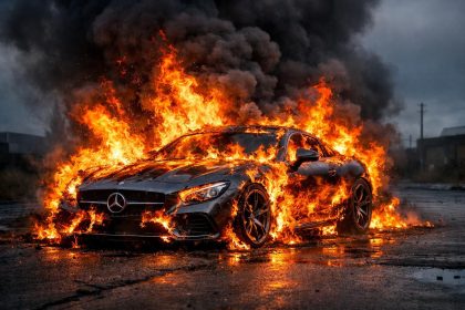 Incendie incontrôlable : un prototype de Mercedes SL consumé par les flammes, personne n’a pu l’éteindre un prototype de mercedes sl a été totalement détruit par un incendie incontrôlable. malgré les efforts, personne n'a pu éteindre les flammes qui ont consumé le véhicule.