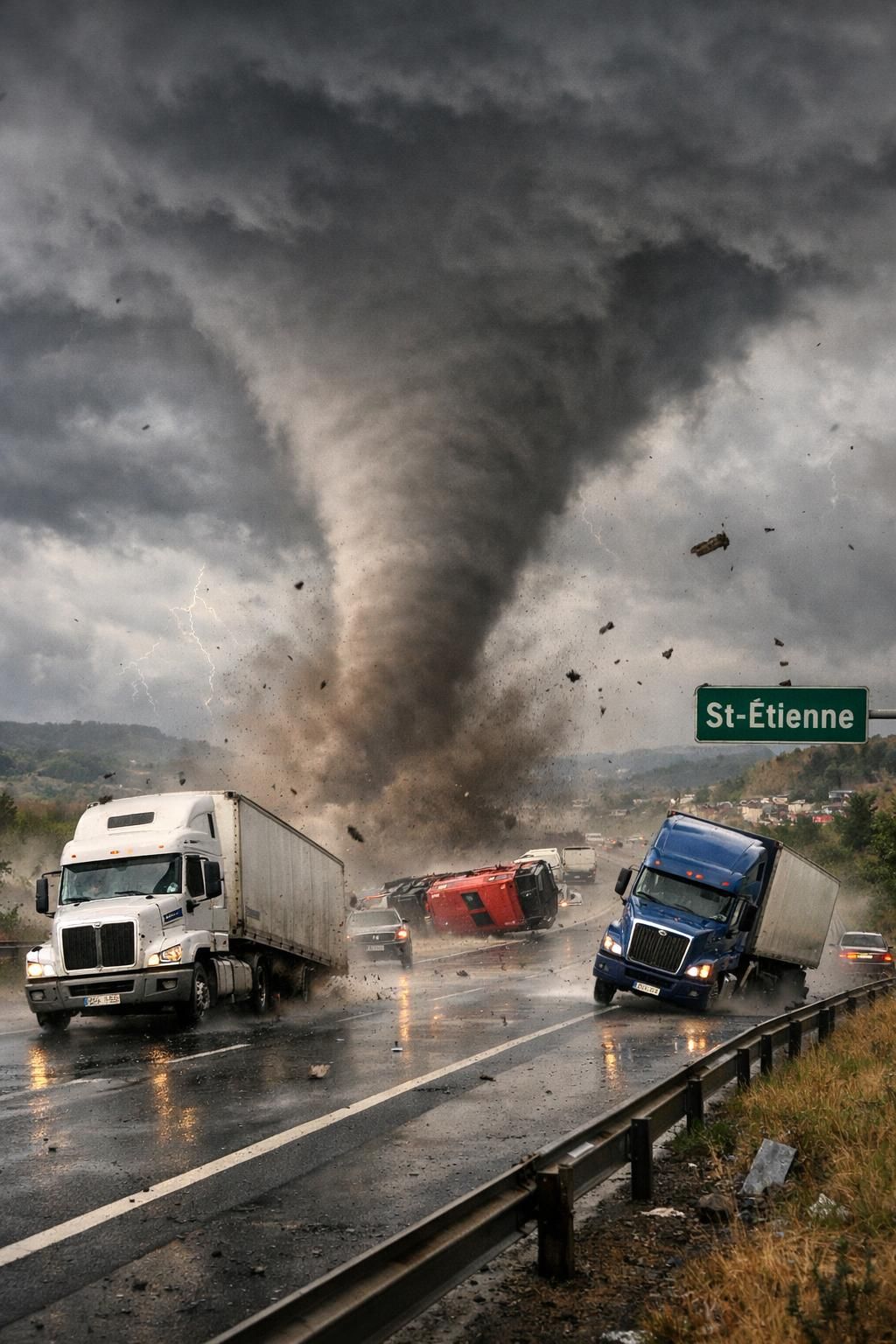 Sur l'autoroute près de Saint-Étienne, une tornade spectaculaire renverse plusieurs camions découvrez les images impressionnantes d'une tornade spectaculaire sur l'autoroute près de saint-étienne, causant le renversement de plusieurs camions et perturbant la circulation.