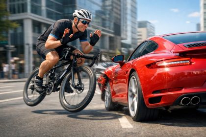 Un cycliste s’élance à toute vitesse, ignore les lois de la physique et percute une Porsche avant de présenter ses excuses un cycliste fonce à toute allure, défiant les lois de la physique, percute une porsche puis s'excuse pour cet incident inattendu.