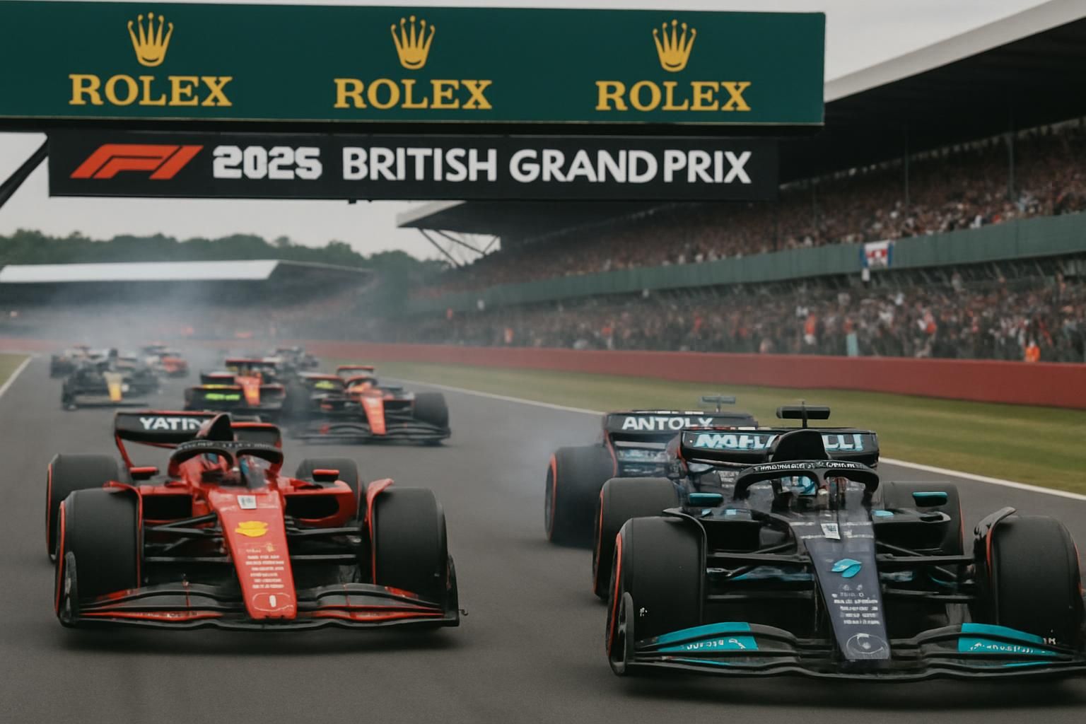 revivez en images le départ spectaculaire du grand prix de grande-bretagne 2026 : antonelli ralenti par les ferrari, leclerc prend l'avantage sur hamilton dans une course pleine de suspense.